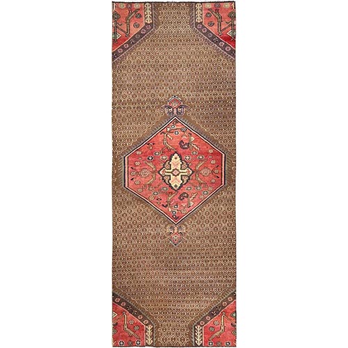 Camel Brown, Vintage Persian Serab with Bird Figurines, Fragment, 100% Wool, Hand Knotted, Cropped Thin, Even Wear, Sides and Ends Professionally Secured, Clean, Runner, Oriental 