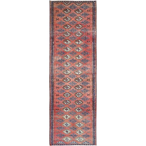 Dark Coral, Vintage Turkoman with Repetitive Design, 100% Wool, Hand Knotted, Sheared Low, Even Wear, Sides and Ends Professionally Secured, Good Condition, Runner, Oriental 