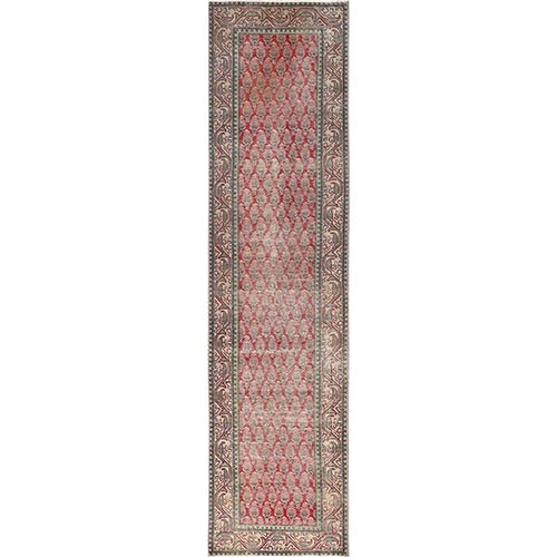 Crimson Red, Vintage Persian Tabriz with Repetitive Cypress Tree Design, 100% Wool, Hand Knotted, Cropped Thin, Worn and Distressed, Sides and Ends Professionally Secured, Runner, Oriental 