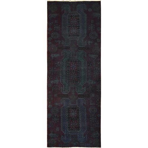 Wine Red Overdyed, Vintage Northwest Persian with Geometric Pattern, 100% Wool, Hand Knotted, Cropped Thin, Even Wear, Sides and Ends Professionally Secured, Runner, Oriental 