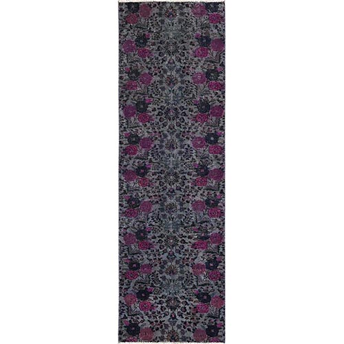 Purple Dove, Overdyed Vintage Persian Lilahan with Flower Design, Hand Knotted, 100% Wool, Cropped Thin, Even Wear, Sides and Ends Professionally Secured, Good Condition, Narrow Runner, Oriental 