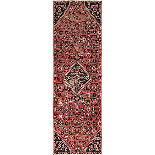 Blush Red, Vintage Persian Hussainabad with Anchored Medallion Design, 100% Wool, Hand Knotted, Worn Down and Distressed, Zero Pile, Sides and Ends Professionally Secured, Runner, Oriental 