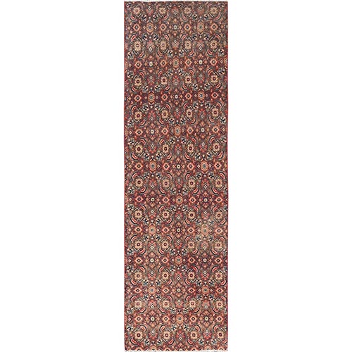 Almond Brown, Vintage Persian Tabriz with Fish Mahi All Over Geometric Herat Design, Worn and Distressed, Sheared Low, Zero Pile, Hand Knotted, 100% Wool, Narrow Runner, Oriental 