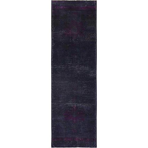 Deep Purple Overdyed, Vintage Persian Tabriz, Worn and Distressed, Zero Pile, Sides and Ends Professionally Secured, Hand Knotted, 100% Wool, Runner, Oriental 