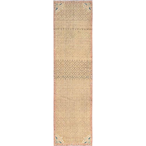 Camel Hair, Vintage Persian Serab with Distinct Abrash, Hand Knotted, 100% Wool, Worn and Distressed, Sheared Low, Zero Pile, Sides and Ends Professionally Secured, Runner, Oriental 