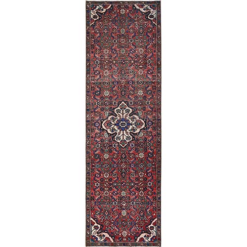 Brick Red, Vintage Persian Hussainabad with Flower Medallion Design, 100% Wool, Hand Knotted, Worn Down and Distressed, Zero Pile, Sides and Ends Professionally Secured, Runner, Oriental 