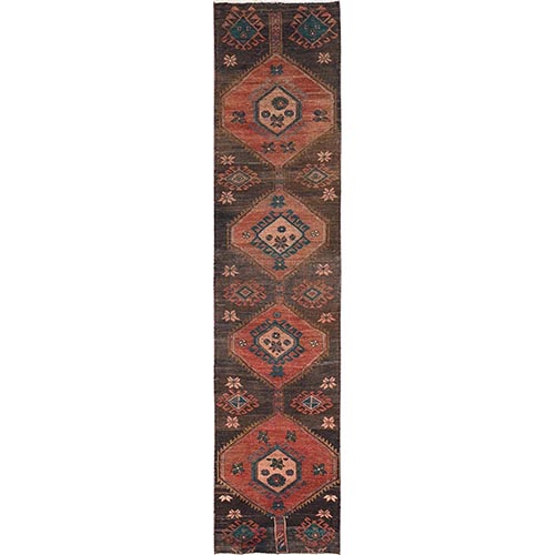 Chocolate Brown, Vintage Northwest Persian with Serrated Medallions, 100% Wool, Hand Knotted, Worn Down and Distressed, Zero Pile, Sides and Ends Professionally Secured, Runner, Oriental 