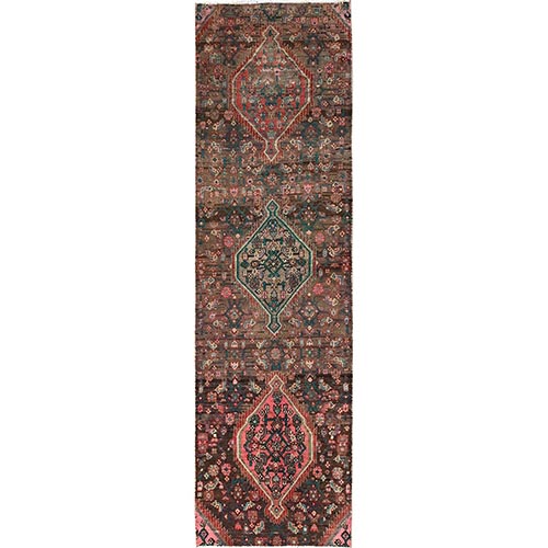 Cedar Brown, Vintage Persian Bibikabad with Medallions Design, Abrash, 100% Wool, Hand Knotted, Worn Down and Distressed, Zero Pile, Sides and Ends Professionally Secured, Runner, Oriental 