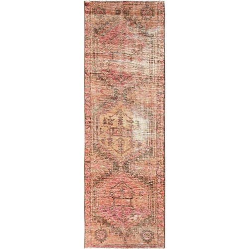 Sand Brown, Vintage Northwest Persian with Serrated Medallions, 100% Wool, Hand Knotted, Worn and Distressed, Cropped Thin, Sides and Ends Professionally Secured, Runner, Oriental 