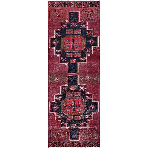 Dry Rose Pink, Vintage Persian Hamadan with Cross Design, Worn and Distressed, Sheared Low, Zero Pile, Sides and Ends Professionally Secured, Hand Knotted, 100% Wool, Runner, Oriental 