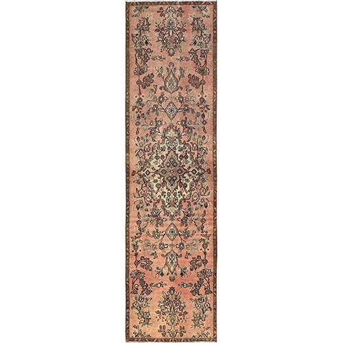 Peach Color, Vintage Persian Lilahan, Worn and Distressed, Sheared Low, Zero Pile, Sides and Ends Professionally Secured, Hand Knotted, 100% Wool, Runner, Oriental 