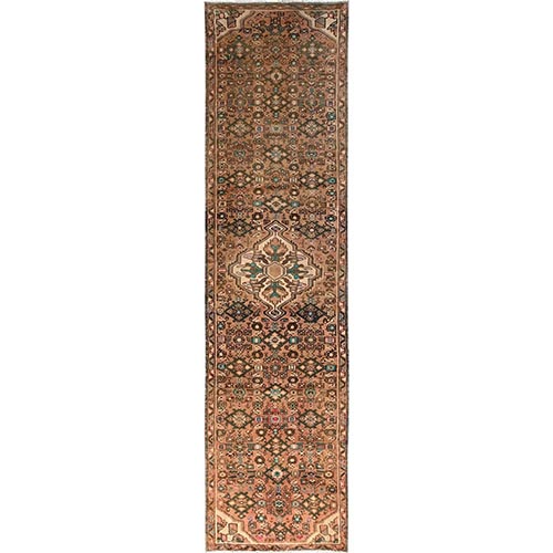 Toast Brown, Vintage Persian Hussaianabad with Geometric Medallion, Hand Knotted, 100% Wool, Cropped Thin, Zero Pile, Sides and Ends Professionally Secured, Narrow Runner, Oriental 
