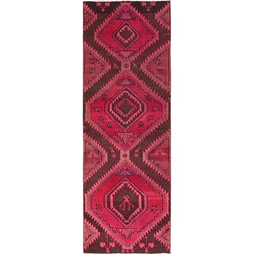 Hot Pink, Overdyed Vintage Persian Kerman with Human Figurine, Serrated Medallions Design, Sheared Low, Zero Pile, Sides and Ends Professionally Secured, Hand Knotted, 100% Wool, Runner, Oriental 