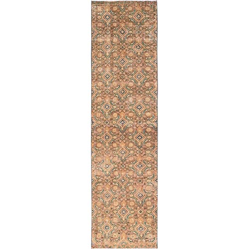 Tan Brown, Vintage Northwest Persian with Fish Mahi Herat All Over Design, 100% Wool, Hand Knotted, Cropped Thin, Even Wear, Sides and Ends Professionally Secured, Good Condition, Runner, Oriental 