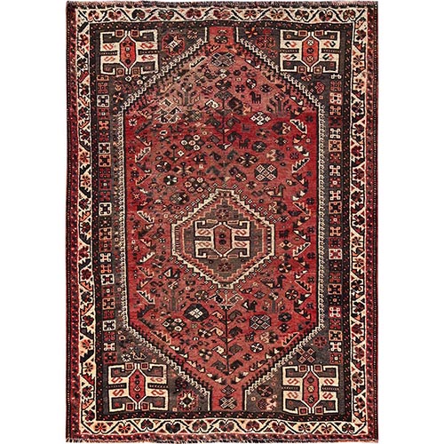 Blush Red, Vintage Persian Shiraz with Geometric Medallion Design, Hand Knotted, 100% Wool, Worn and Distressed, Sheared Low, Zero Pile, Sides and Ends Professionally Secured, Oriental 