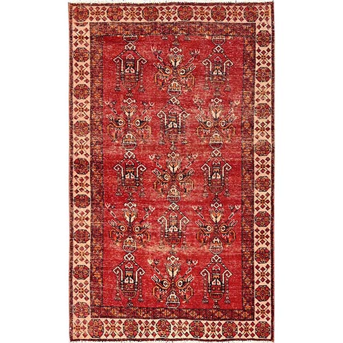 Crimson Red, Vintage Persian Shiraz, Hand Knotted, 100% Wool, Worn and Distressed, Sheared Low, Zero Pile, Sides and Ends Professionally Secured, Oriental 