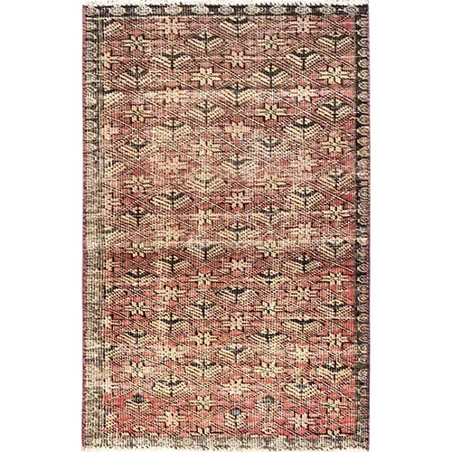 Blush Red, Vintage Northwest Persian with Repetitive Design, Worn and Distressed, 100% Wool, Hand Knotted, Cropped Thin, Sides and Ends Professionally Secured, Oriental 