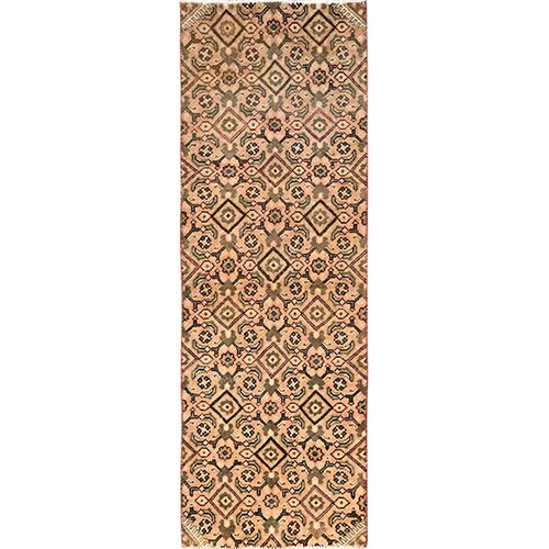 Hazelnut Brown, Vintage Persian Tabriz with Fish Mahi All Over Geometric Herat Design, Worn and Distressed, Sheared Low, Zero Pile, Hand Knotted, 100% Wool, Runner, Oriental 