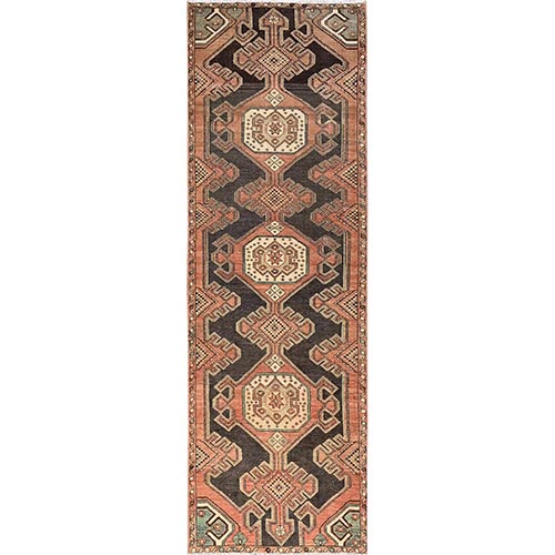 Chocolate Brown, Vintage Northwest Persian with Geometric Medallions Design, 100% Wool, Hand Knotted, Cropped Thin, Even Wear, Sides and Ends Professionally Secured, Good Condition, Runner, Oriental 
