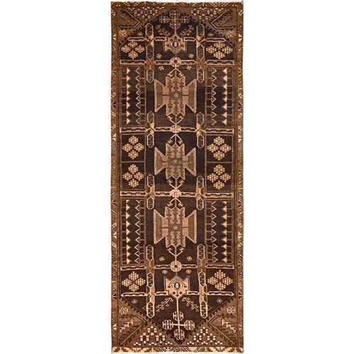 Chocolate Brown, Vintage Persian Bakhtiar, Hand Knotted, 100% Wool, Worn and Distressed, Sheared Low, Zero Pile, Sides and Ends Professionally Secured, Wide Runner, Oriental 