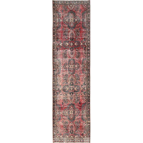 Blush Red, Vintage Persian Lilahan, Worn and Distressed, Sheared Low, Zero Pile, Sides and Ends Professionally Secured, Hand Knotted, 100% Wool, Runner, Oriental 
