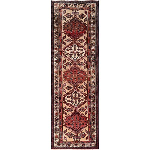 Bone White, Vintage Persian Serab with Medallions Design, 100% Wool, Hand Knotted, Cropped Thin, Even Wear, Sides and Ends Professionally Secured, Clean, Runner, Oriental 