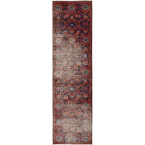 Scarlet Red, Erased Vintage Northwest Persian, Worn and Distressed, Sheared Low, Zero Pile, Sides and Ends Professionally Secured, Hand Knotted, 100% Wool, Runner, Oriental 