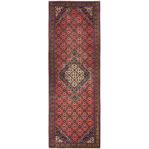 Blush Red, Vintage Persian Hamadan with Geometric Medallion Design, Worn Out and Distressed, Zero Pile, Clean, Hand Knotted, 100% Wool, Runner, Oriental 