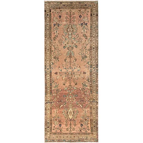 Hazelnut Brown, Worn and Distressed, Cropped Thin, Vintage Persian Lilahan with Distinct Abrash, Zero Pile, Sides and Ends Professionally Secured, Hand Knotted, 100% Wool, Wide Runner, Oriental 