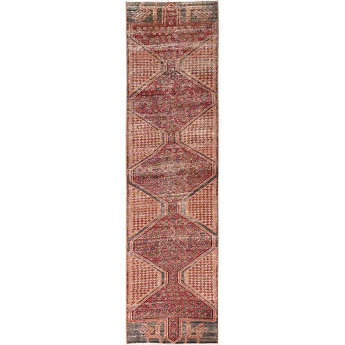Desire Red, Vintage Northwest Persian, Geometric Design with Ancient Bird Figurines, Sheared Low, Zero Pile, Sides and Ends Professionally Secured, Hand Knotted, 100% Wool, Runner, Oriental 