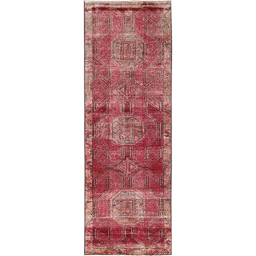 Desire Red, Vintage Northwest Persian, Geometric Design, Sheared Low, Zero Pile, Sides and Ends Professionally Secured, Hand Knotted, 100% Wool, Runner, Oriental 