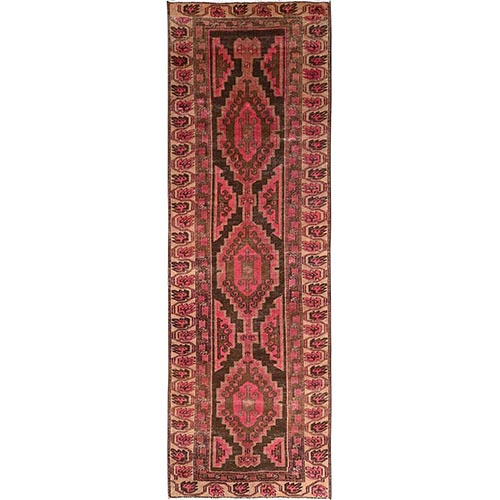 Beaver Brown with Pink, Vintage Persian Hamadan with Geometric Pattern, Worn Out and Distressed, Zero Pile, Clean, Hand Knotted, 100% Wool, Wide Runner, Oriental 