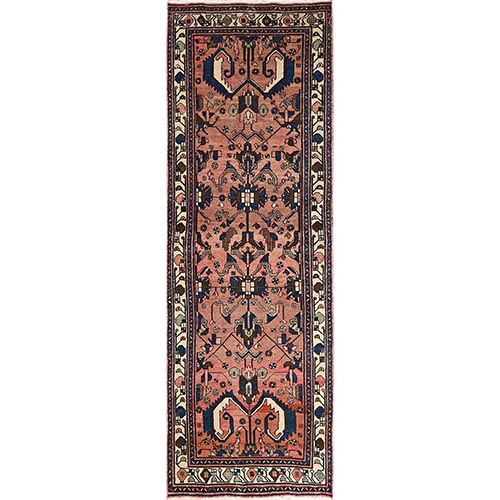 Salmon Pink, Vintage Northwest Persian, Worn and Distressed, Sheared Low, Zero Pile, Sides and Ends Professionally Secured, Hand Knotted, 100% Wool, Wide Runner, Oriental 