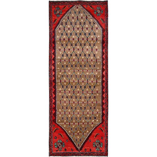 Tawny Brown, Vintage Persian Serab with Geometric Pattern, 100% Wool, Hand Knotted, Cropped Thin, Even Wear, Sides and Ends Professionally Secured, Clean, Wide Runner, Oriental 