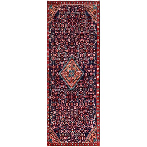 Navy Blue, Vintage Persian Hamadan, Worn Out and Distressed, Zero Pile, Clean, Hand Knotted, 100% Wool, Runner, Oriental 