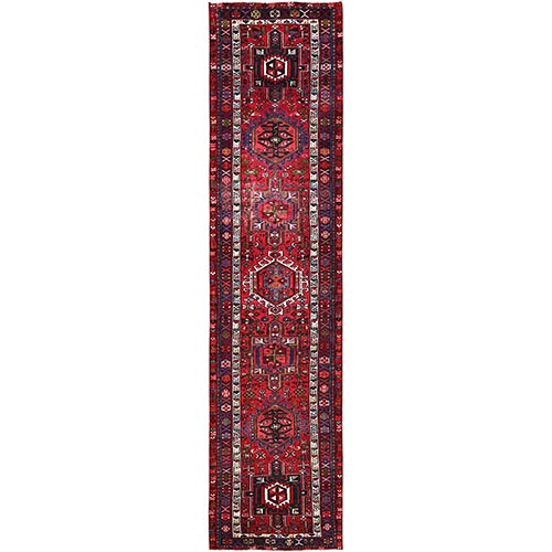 Berry Red, Vintage Persian Karajeh, Worn Down and Distressed, Cropped Thin, 100% Wool, Hand Knotted, Zero Pile, Sides and Ends Professionally Secured, Wide Runner, Oriental 