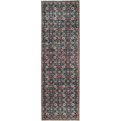 Pine Green, Vintage Persian Tabriz with All Over Design, Worn Down and Distressed, 100% Wool, Hand Knotted, Zero Pile, Sides and Ends Professionally Secured, Runner, Oriental 
