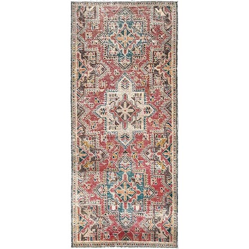 Faded Red, Vintage Persian Tabriz with Geometric Medallions, Worn Down and Distressed, 100% Wool, Hand Knotted, Zero Pile, Sides and Ends Professionally Secured, Short Runner, Oriental 