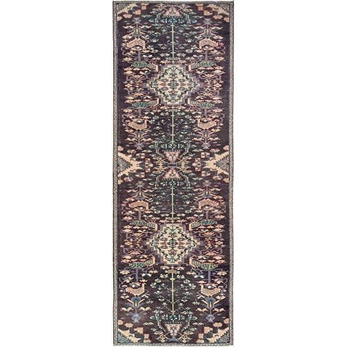 Carob Brown, Vintage Persian Hamadan with Bird Figurines, Worn Down and Distressed, 100% Wool, Hand Knotted, Zero Pile, Sides and Ends Professionally Secured, Wide Runner, Oriental 