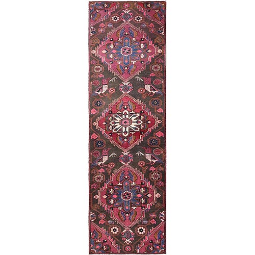Coffee Brown, Vintage Persian Hamadan with Bird Figurines, Hand Knotted, Worn Down and Distressed, 100% Wool, Zero Pile, Sides and Ends Professionally Secured, Runner, Oriental 