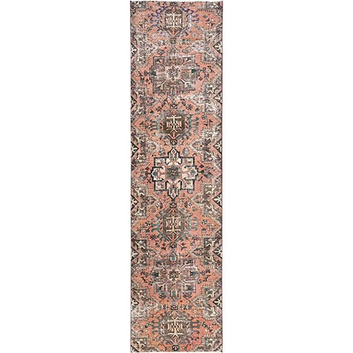 Peach Color, Worn Down and Distressed, Vintage Persian Karajeh, Cropped Thin, 100% Wool, Hand Knotted, Zero Pile, Sides and Ends Professionally Secured, Runner, Oriental 