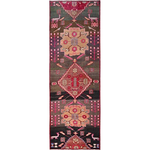 Colorful, Vintage Northwest Persian with Animal Figurines, Hand Knotted, Worn Down and Distressed, 100% Wool, Zero Pile, Sides and Ends Professionally Secured, Wide Runner, Oriental 