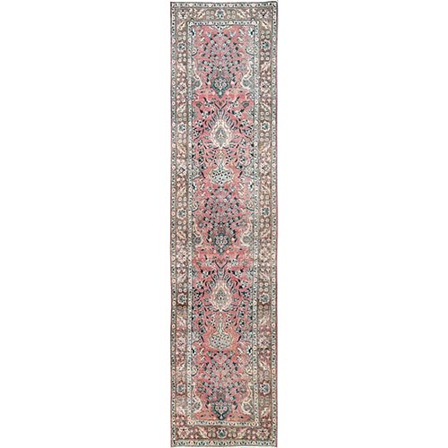 Rose Pink, Vintage Persian Tabriz with Flower Bouquet and Vase Design, Worn Down and Distressed, 100% Wool, Hand Knotted, Zero Pile, Sides and Ends Professionally Secured, Wide Runner, Oriental 