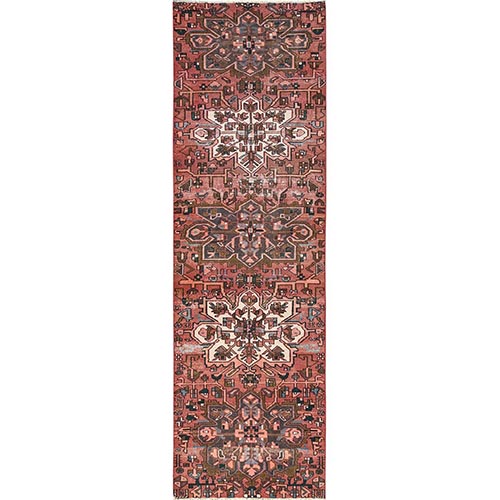 Blush Red, Vintage Persian Karajeh with Medallions Design, Worn Down and Distressed, Cropped Thin, 100% Wool, Hand Knotted, Zero Pile, Sides and Ends Professionally Secured, Runner, Oriental 