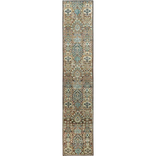 Light Brown, Washed Out Colors, Vintage Persian Tabriz with Flower Bouquet and Vase Design, Distinct Abrash, Pure Wool, Hand Knotted, Zero Pile, Sheared Low, Narrow Runner, Oriental 