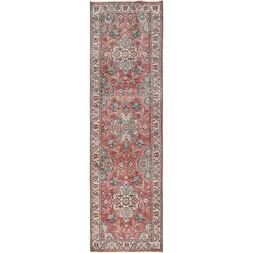 Blush Red, Vintage Persian Tabriz with Flower Medallions, Worn Down and Distressed, 100% Wool, Hand Knotted, Zero Pile, Sides and Ends Professionally Secured, Wide Runner, Oriental 