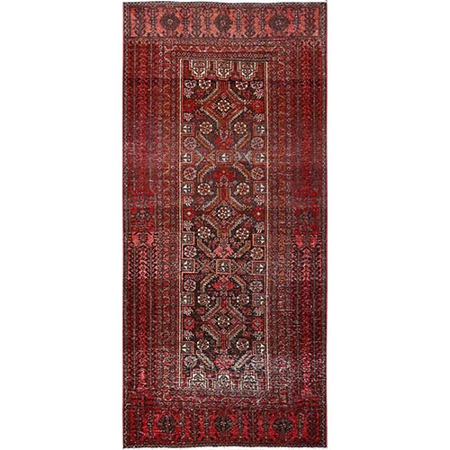 Scarlet Red, Vintage Persian Baluch with Distinct Abrash, Sheared Low, Even Wear, 100% Wool, Hand Knotted, Zero Pile, Sides and Ends Professionally Secured, Wide Runner, Oriental 
