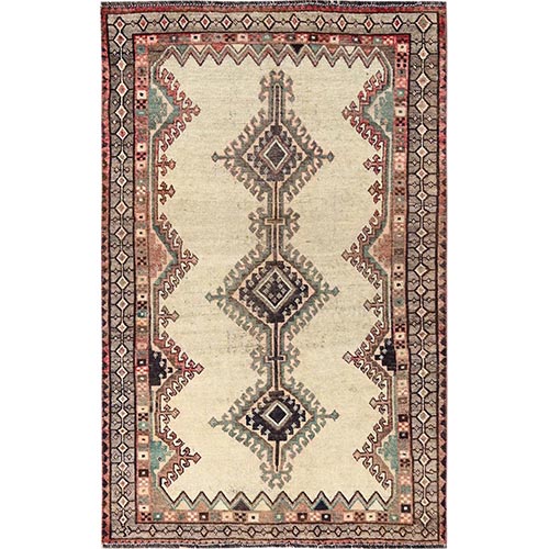 Chiffon White, Vintage Persian Shiraz with Geometric Medallions, Sheared Low, Even Wear, 100% Wool, Hand Knotted, Zero Pile, Sides and Ends Professionally Secured, Oriental 