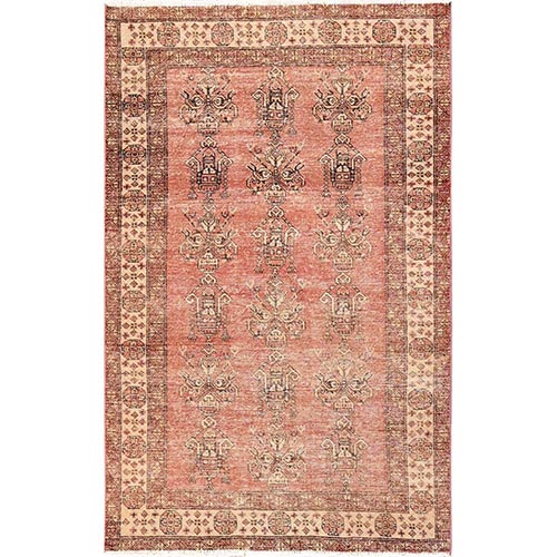 Coral Pink, Vintage Persian Shiraz with All Over Design, Sheared Low, Even Wear, 100% Wool, Hand Knotted, Zero Pile, Sides and Ends Professionally Secured, Oriental 