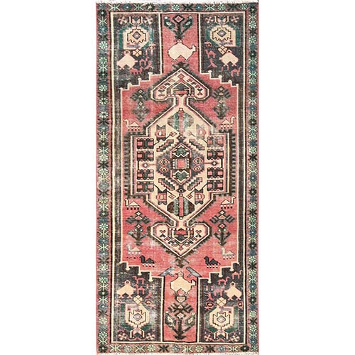 Coral Pink, Vintage Persian Hamadan with Anchored Medallion, Worn Out and Distressed, Zero Pile, Clean, Hand Knotted, 100% Wool, Wide Runner, Oriental 